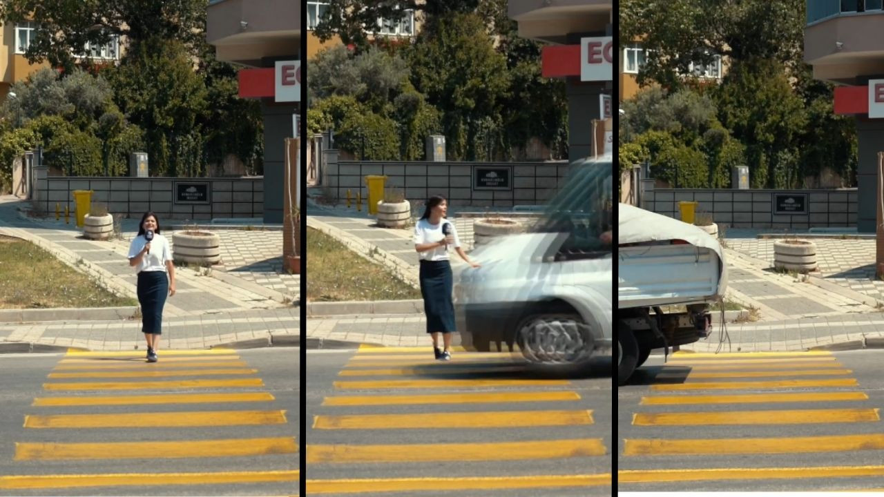 Bandırma Belediyesi’nin yaya geçidi videosunda sunucuya araç çarpıyor