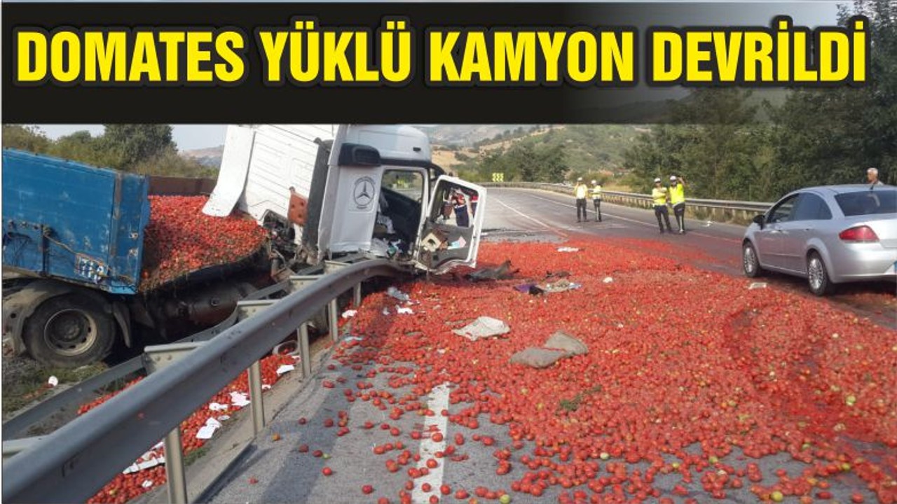 DOMATES YÜKLÜ KAMYON DEVRİLDİ