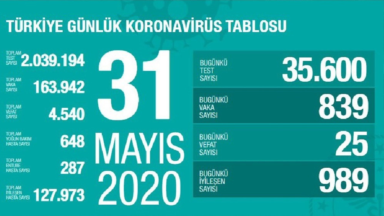 Türkiye'de 31 Mayıs günü koronavirüs nedeniyle 25 kişi hayatını kaybetti, 839 yeni vaka tespit edildi