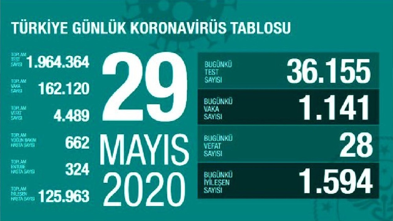 Türkiye'de 29 Mayıs günü koronavirüsten ölenlerin sayısı 28 oldu, 1141 yeni vaka tespit edildi