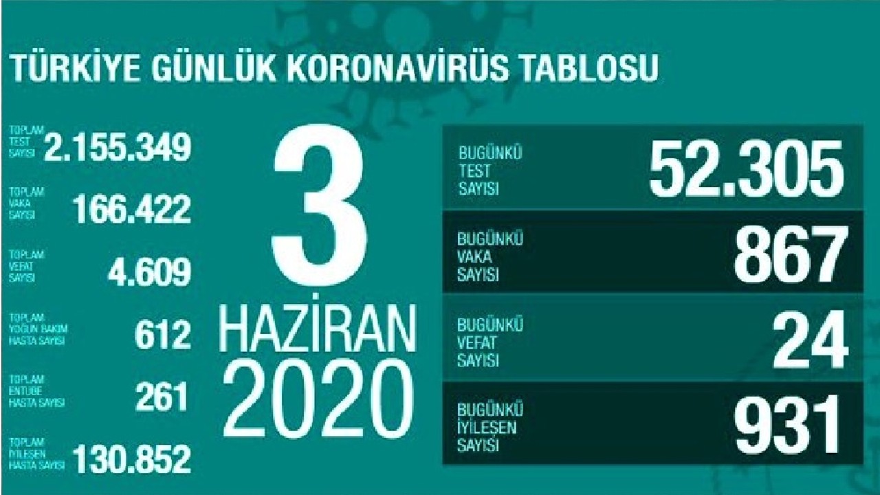 Türkiye'de 3 Haziran günü koronavirüsten ölenlerin sayısı 24 oldu, 867 yeni vaka tespit edildi