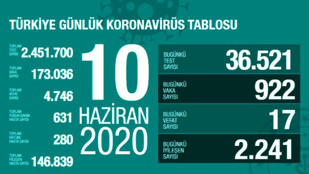 Türkiye'de 10 Haziran günü koronavirüs nedeniyle 17 kişi hayatını kaybetti, 922 yeni vaka tespit edildi