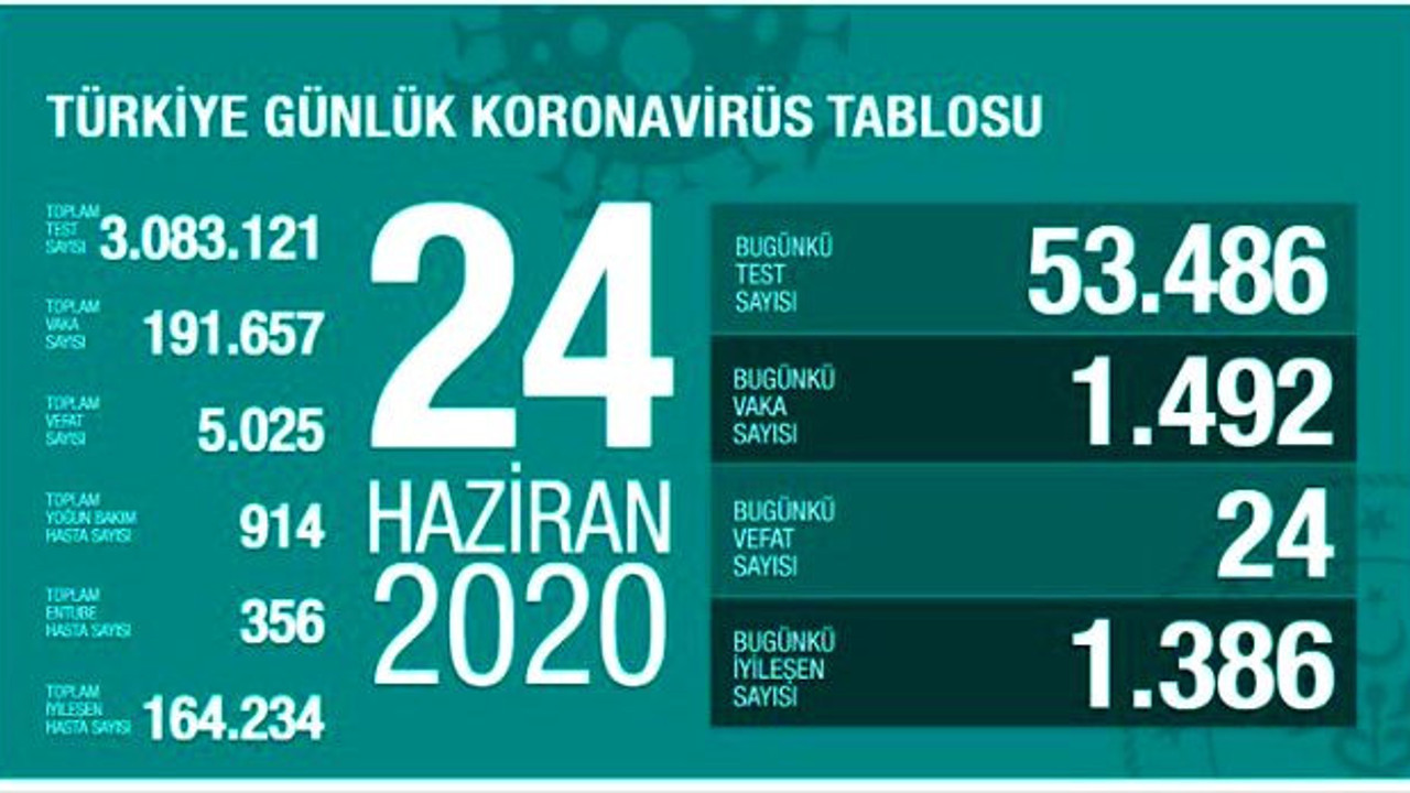Türkiye'de 23 Haziran günü koronavirüs nedeniyle 24 kişi hayatını kaybetti, 1492 yeni vaka tespit edildi