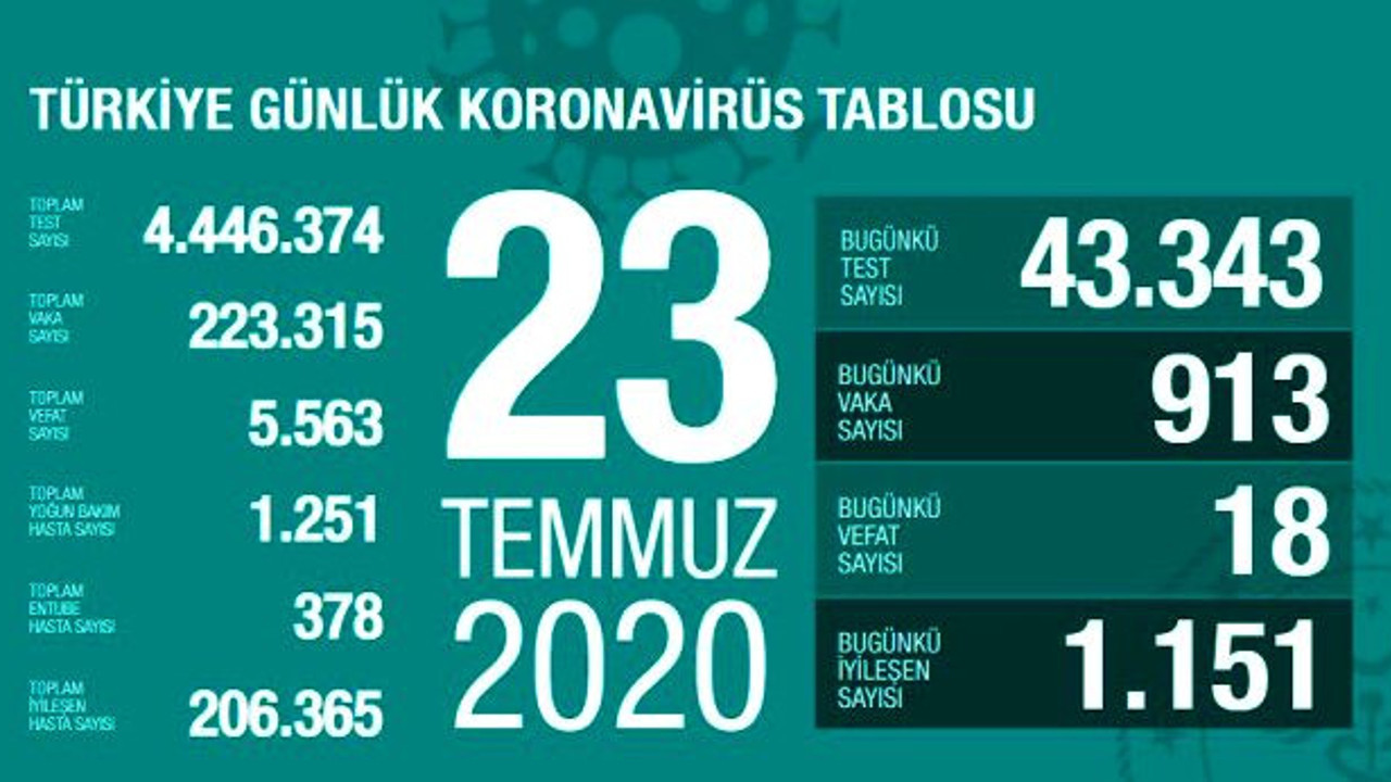 Türkiye'de 23 Temmuz günü koronavirüs kaynaklı 18 can kaybı, 913 yeni vaka tespit edildi