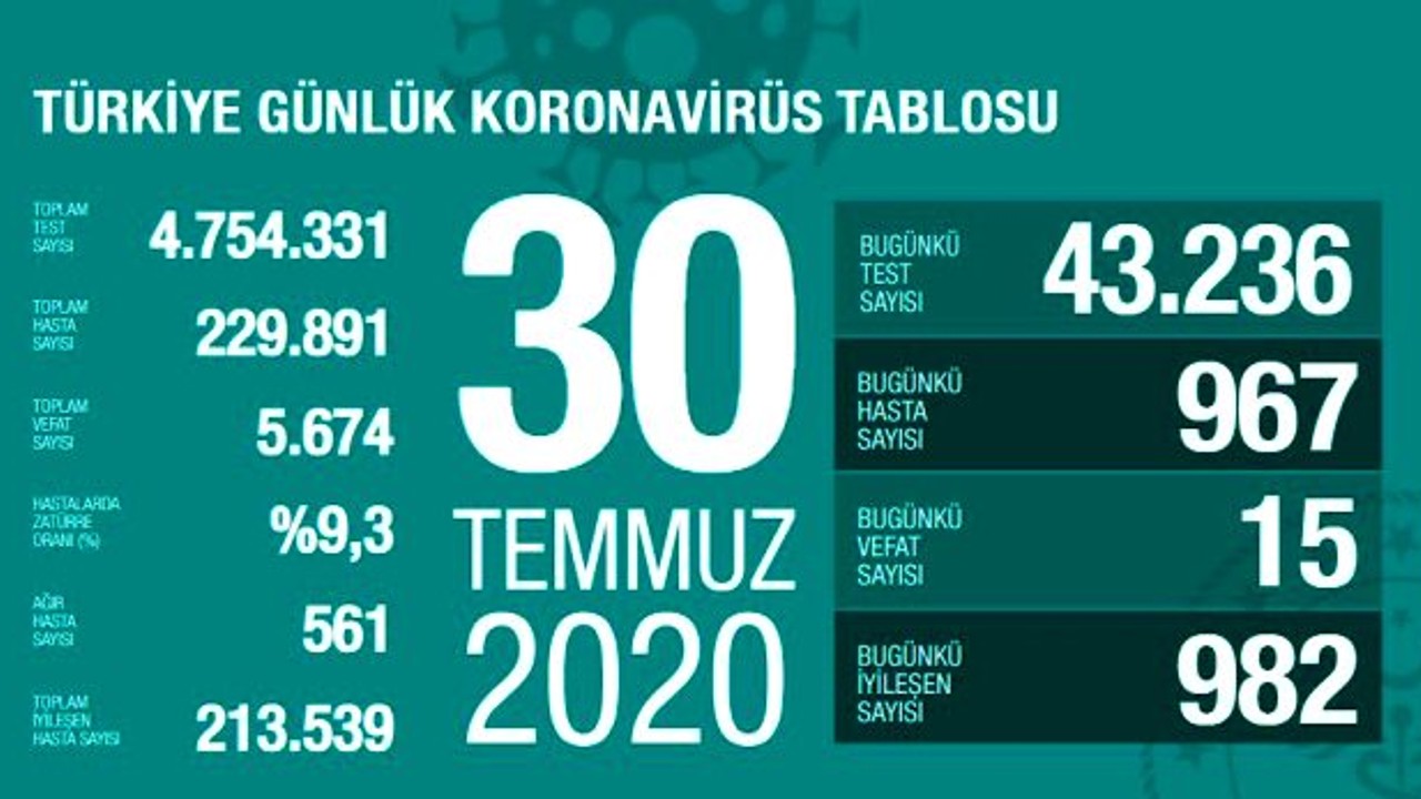 Türkiye'de 30 Temmuz günü koronavirüs kaynaklı 15 can kaybı, 967 yeni vaka tespit edildi