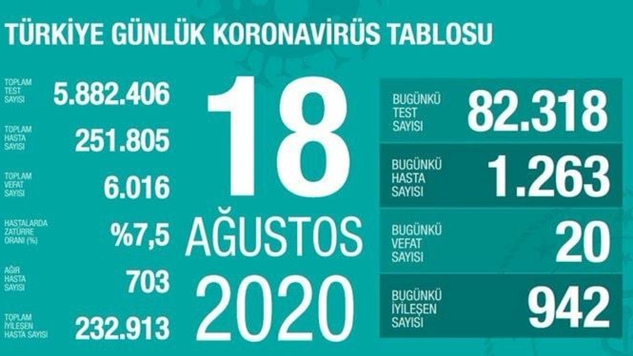 Türkiye'de 18 Ağustos günü koronavirüs kaynaklı 20 can kaybı, 1263 yeni vaka tespit edildi