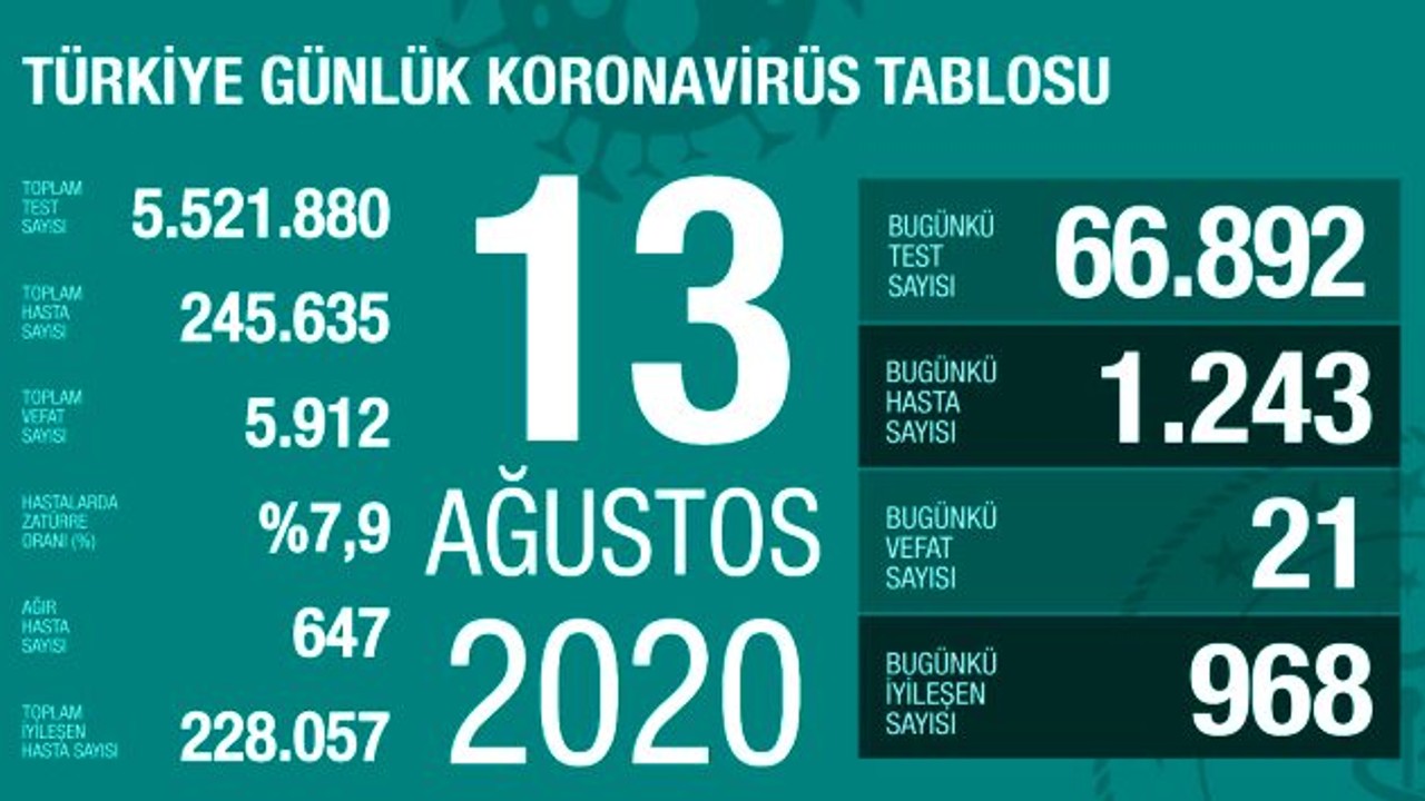Türkiye'de 13 Ağustos günü koronavirüs nedeniyle 21 kişi vefat etti, 1243 yeni vaka tespit edildi