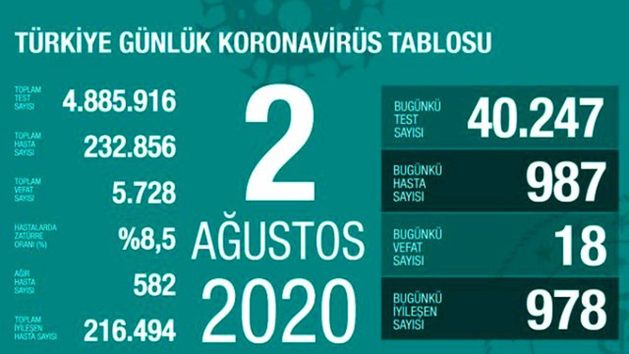 Türkiye'de 2 Ağustos günü koronavirüs nedeniyle 18 kişi vefat etti, 987 yeni vaka tespit edildi