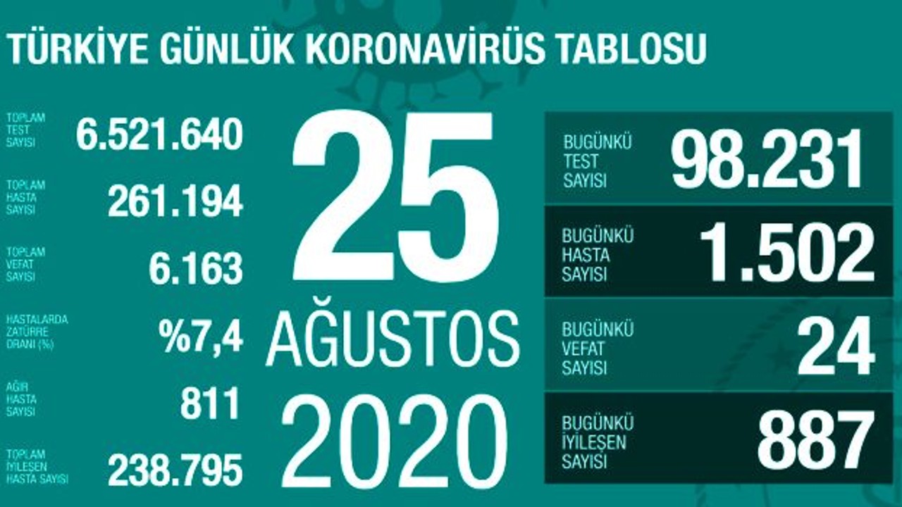 Türkiye'de 25 Ağustos günü koronavirüs nedeniyle 24 kişi hayatını kaybetti, 1502 yeni vaka tespit edildi