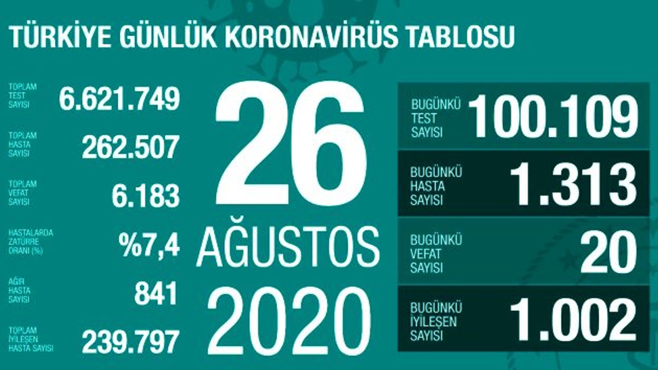 Türkiye'de 26 Ağustos günü koronavirüs kaynaklı 20 can kaybı, 1313 yeni vaka tespit edildi