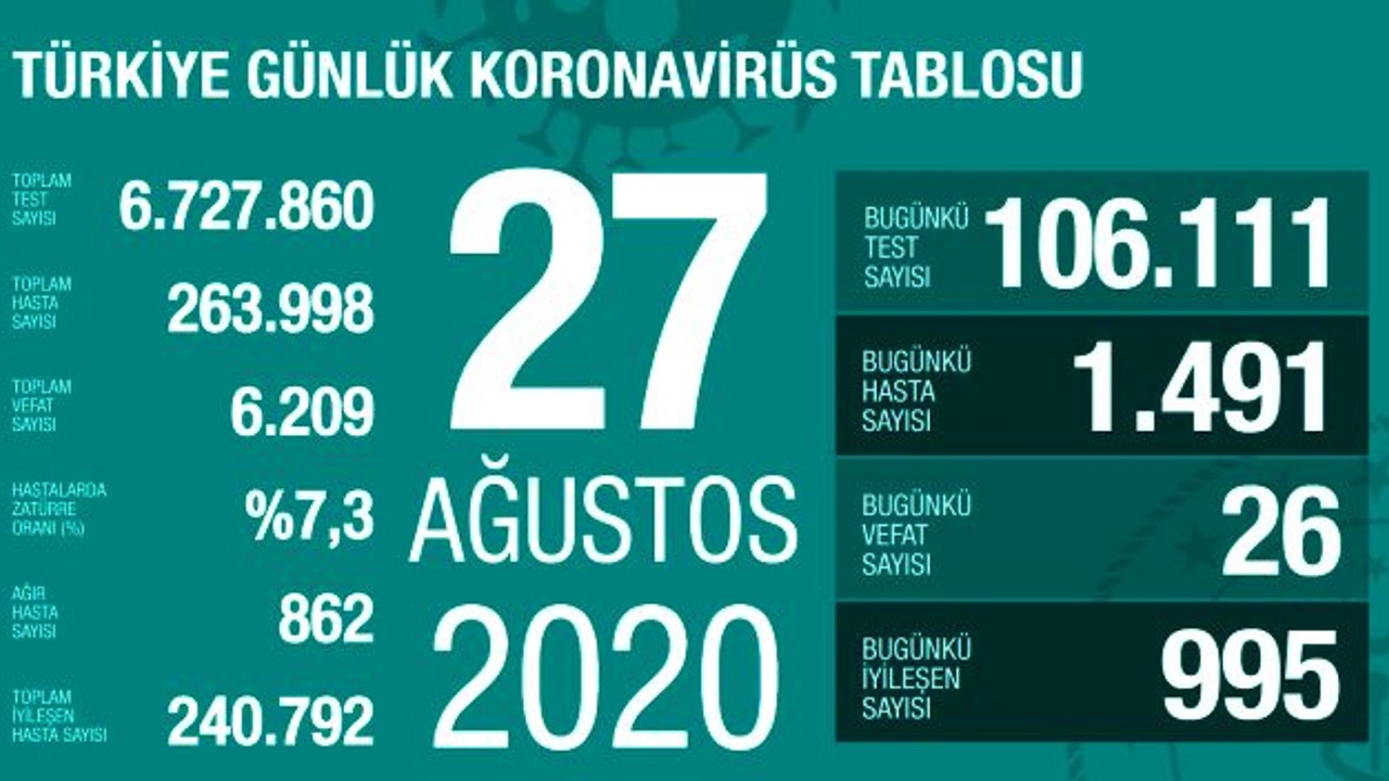 Türkiye'de 27 Ağustos günü koronavirüs kaynaklı 26 can kaybı, 1491 yeni vaka tespit edildi