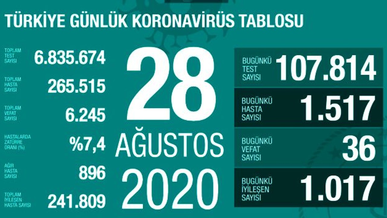 Türkiye'de 28 Ağustos günü koronavirüs kaynaklı 36 can kaybı, 1517 yeni vaka tespit edildi