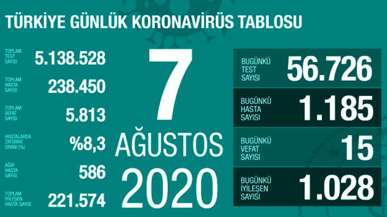 Türkiye'de 7 Ağustos günü koronavirüs kaynaklı 15 can kaybı, 1185 yeni vaka tespit edildi
