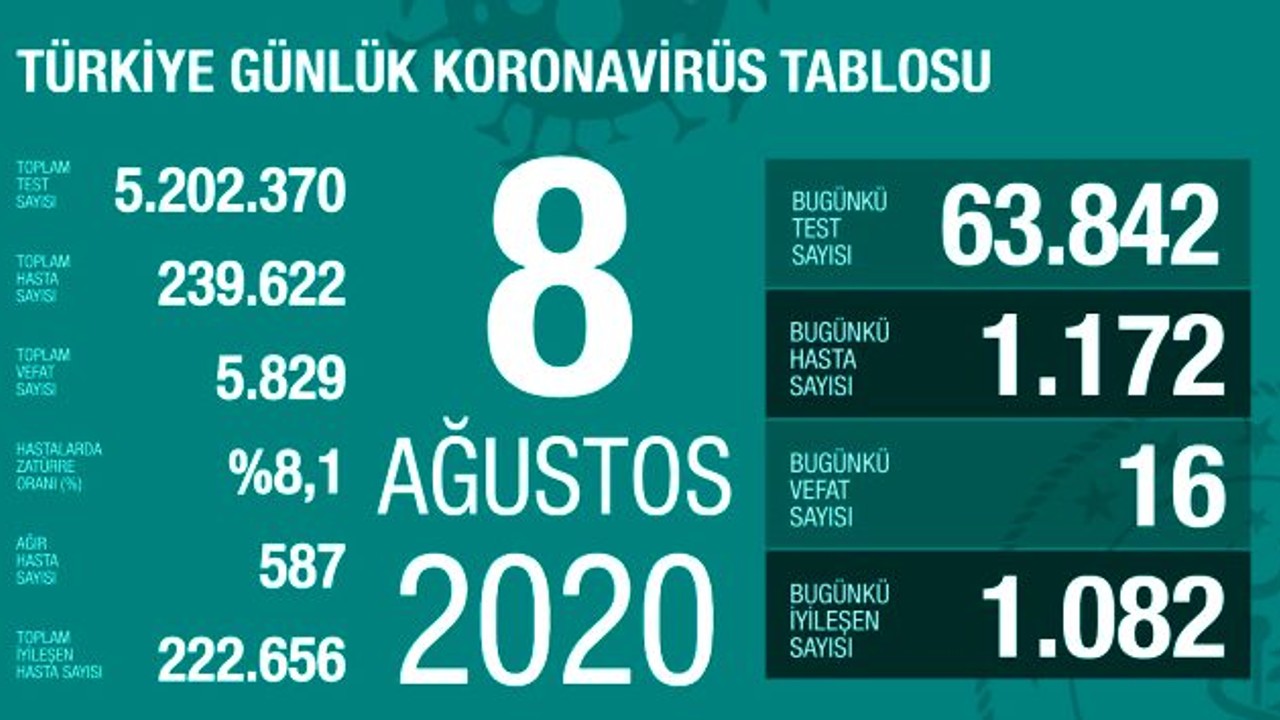 Türkiye'de 8 Ağustos günü koronavirüs nedeniyle 16 kişi vefat etti, 1172 yeni vaka tespit edildi