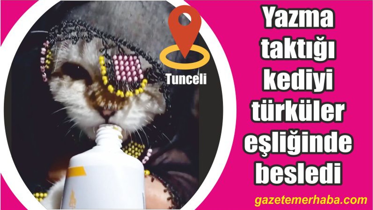 Yazma taktığı kediyi türkülerle besledi