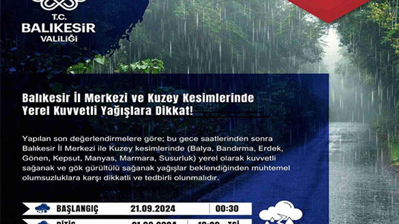 Balıkesir Valiliği'nden Kuvvetli Yağış Uyarısı