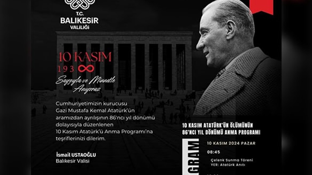 Balıkesir'de 10 Kasım Atatürk'ü Anma Programı Düzenleniyor