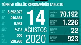 Türkiye'de 14 Ağustos günü koronavirüs nedeniyle 22 kişi vefat etti, 1226 yeni vaka tespit edildi