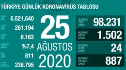 Türkiye'de 25 Ağustos günü koronavirüs nedeniyle 24 kişi hayatını kaybetti, 1502 yeni vaka tespit edildi