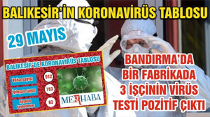 BALIKESİR’DE KORONAVİRÜSTE 29 MAYIS TABLOSU