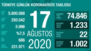 Türkiye'de 17 Ağustos günü koronavirüs kaynaklı 22 can kaybı, 1233 yeni vaka tespit edildi