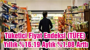 Tüketici Fiyat Endeksi (TÜFE) Yıllık %16.19 Aylık %1.08 Arttı