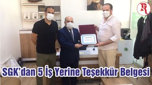 SGK’dan 5 İş Yerine Teşekkür Belgesi