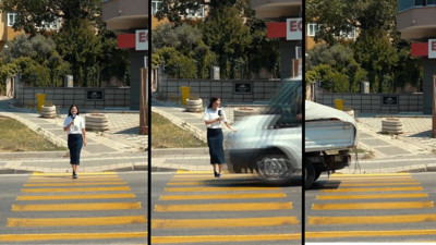 Bandırma Belediyesi’nin yaya geçidi videosunda sunucuya araç çarpıyor
