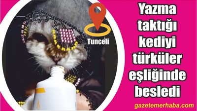 Yazma taktığı kediyi türkülerle besledi