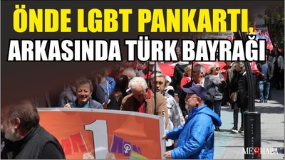 Önde LGBT pankartı, arkasında Türk bayrağı