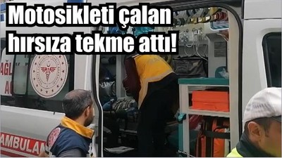 Motosikleti çalan hırsıza tekme attı!