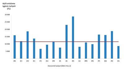 Ülkemizde 2022 yılında aylık ortalama işgücü maliyeti
