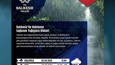 Balıkesir Valiliği'nden Sağanak Yağış Uyarısı