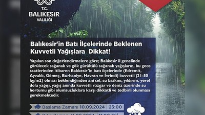 Balıkesir’in Batı İlçelerine Kuvvetli Yağış Uyarısı