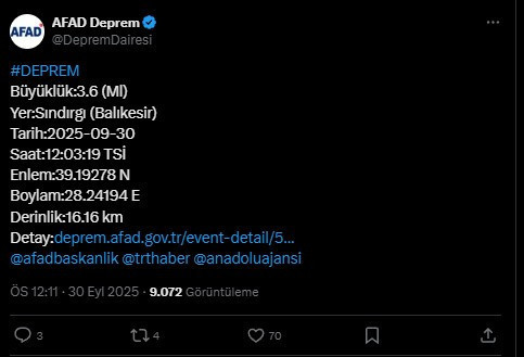Sındırgı’da 3.6 Büyüklüğünde Deprem