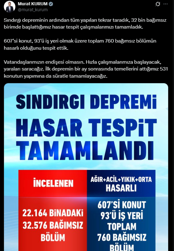 Bakan Murat Kurum: “Sındırgı’da 760 Bağımsız Bölüm Hasarlı'' - 1. resim