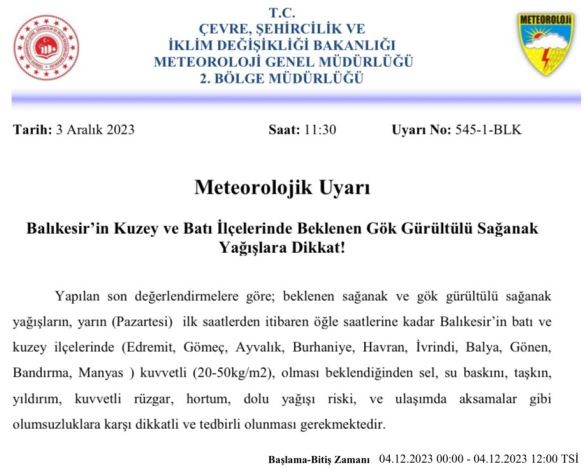 Balıkesir’de Sağanak Yağışa Karşı Tedbir Uyarısı
