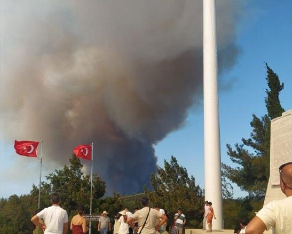 Çanakkale'de orman yangını, gemi trafiği askıya alındıa