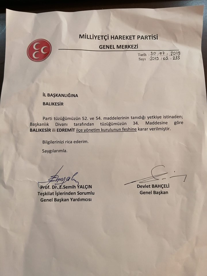 MHP'DE O İLÇE TEŞKİLATI FESHEDİLDİ - 1. resim