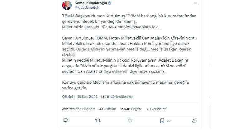 Kılıçdaroğlu'ndan Can Atalay'ın Hakkını Koruma Çağrısı