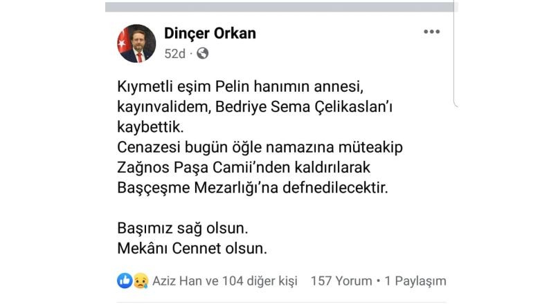 Orkan'ın kayınvalidesi vefat etti. Balıkesir , Karesi Belediye Başkanı Dinçer Orkan'ın kayınvalidesi vefat etti. 