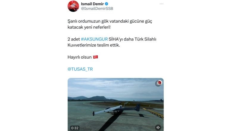 Gök vatandaki güç. Savunma Sanayii Başkanı İsmail Demir 2 adet AKSUNGUR SİHA'yı Türk Silahlı Kuvvetlerine teslim ettiğini duyurdu. Demir sosyal medyasından AKSUNGUR SİHA'yı tanıttı.