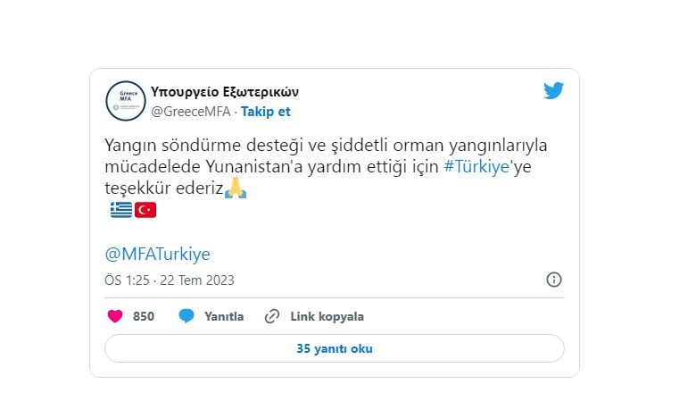 Yunanistan'dan Türkiye'ye Yardım Teşekkürü
