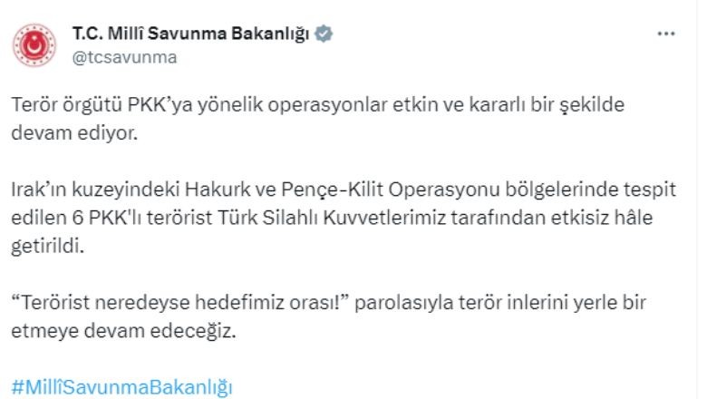Irak'ın Kuzeyinde 6 PKK'lı Terörist Etkisiz Hale Getirildi