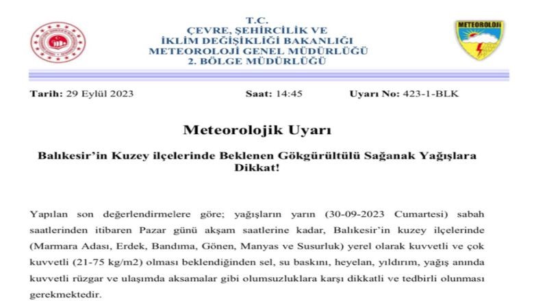 Balıkesir Valiliğinden Sağanak Yağış Uyarısı!