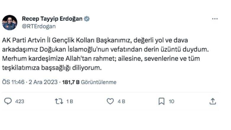 Cumhurbaşkanı Erdoğan'dan Taziye Mesajı
