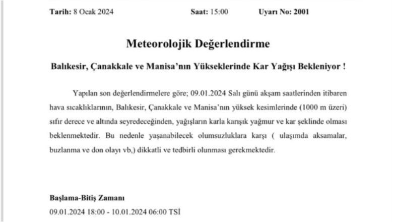 Balıkesir ve Çevresinde Kar Alarmı