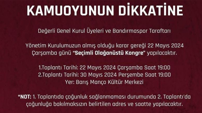 Bandırmaspor İçin Seçimli Olağanüstü Kongre Yolda