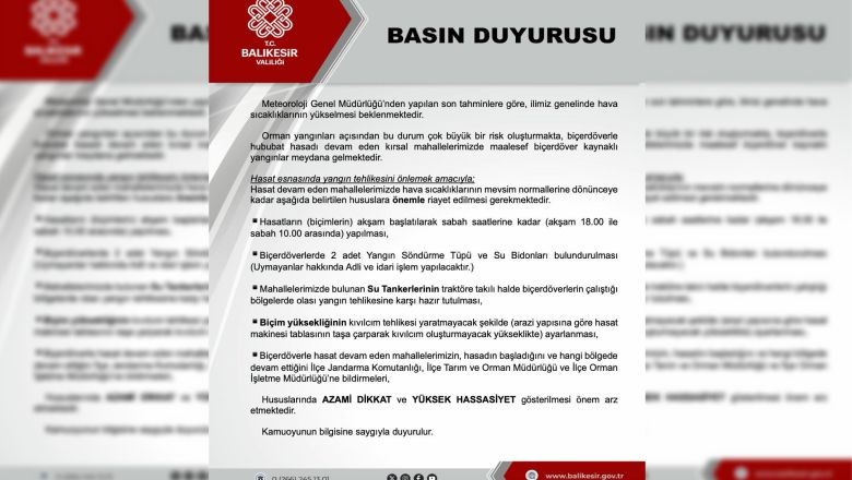 Balıkesir Valiliği'nden Kritik Uyarı!