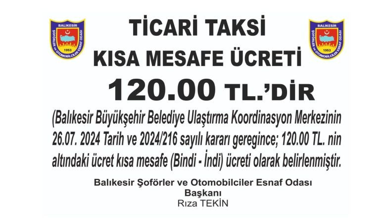 Balıkesir’de Taksi Ücretlerine Güncelleme!